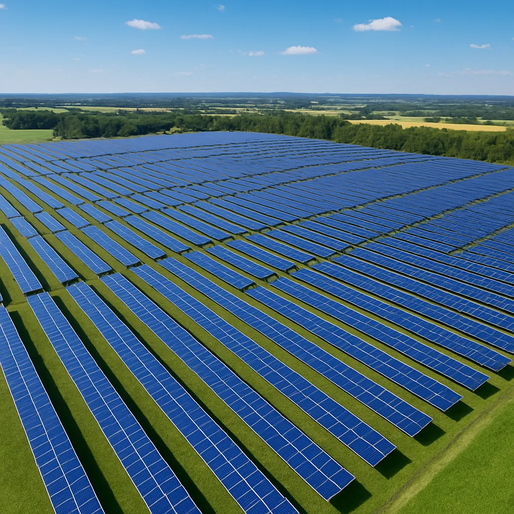 Aerial view of a large modern photovoltaic solar farm on open land