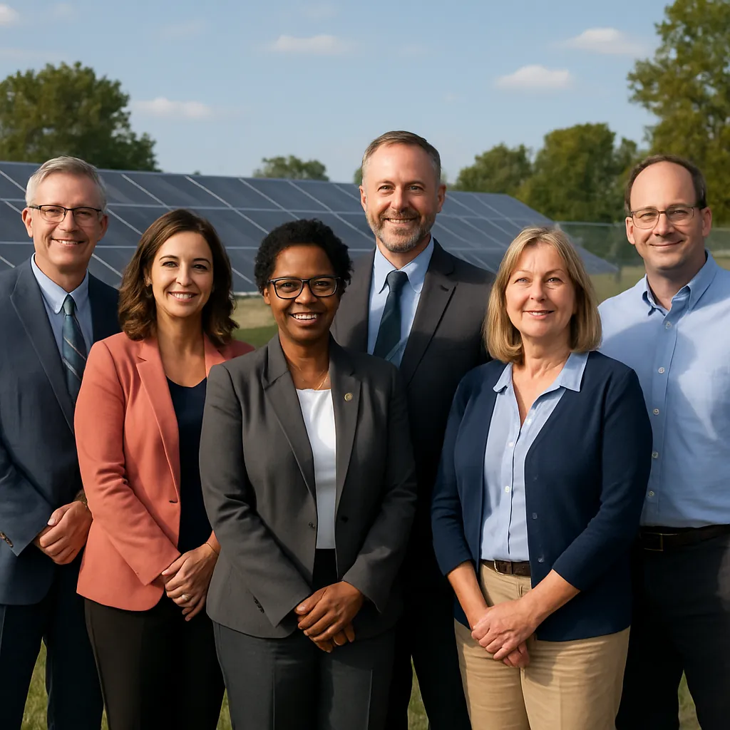 Professional group photo of a local government team at a solar facility