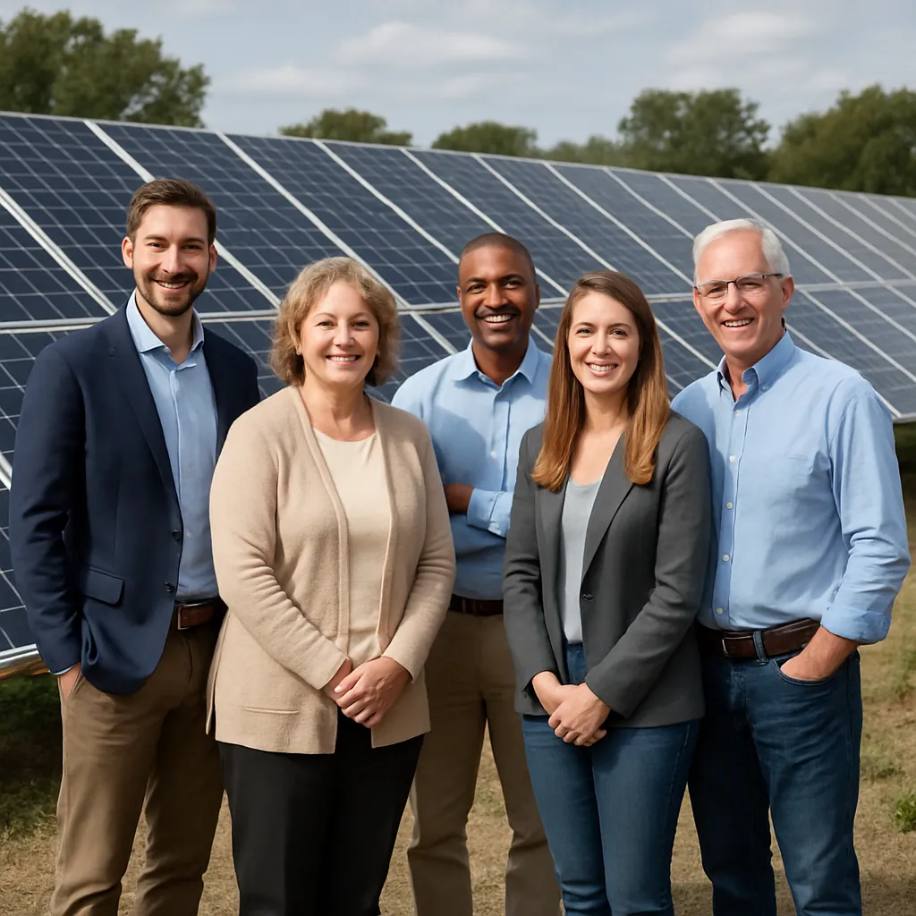 Professional group photo of community representatives at a solar installation
