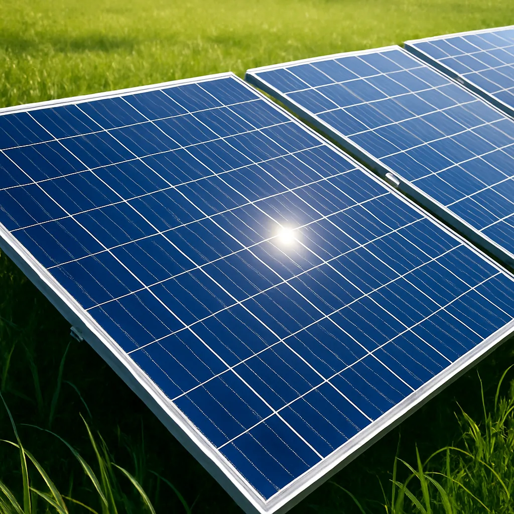 Close-up of high-efficiency solar panels in a field under sunlight