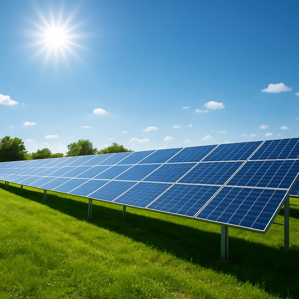 Modern ground-mounted solar power plant in green landscape