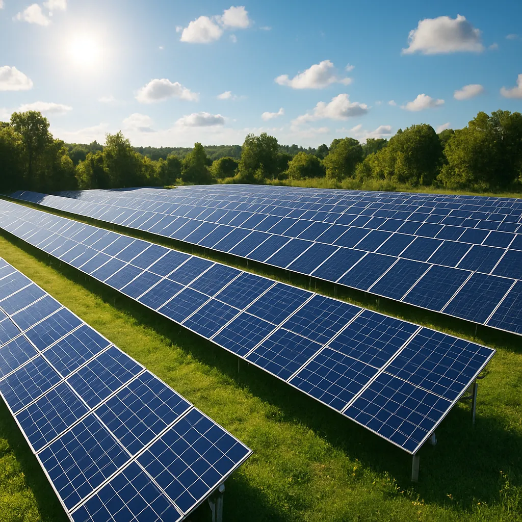 Rows of photovoltaic panels on a solar farm in sunlight