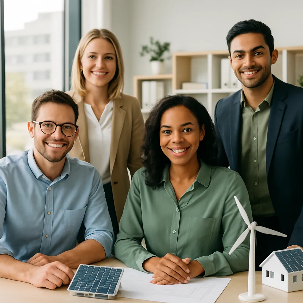 Professional team of renewable energy experts in a modern office