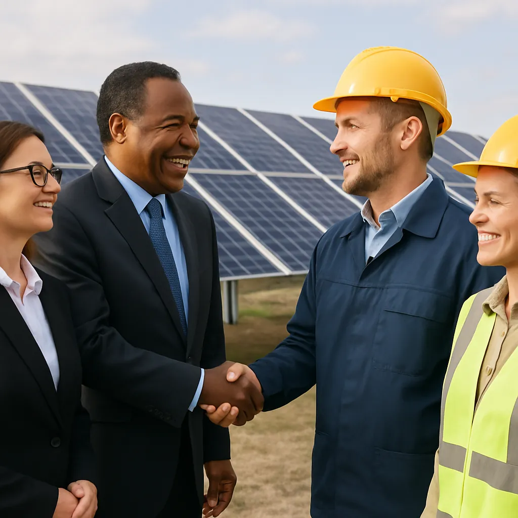 Local partners shaking hands at a solar power facility
